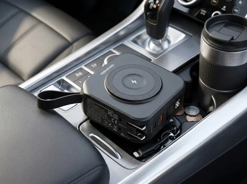 Portable Travel Charger sitting in car console