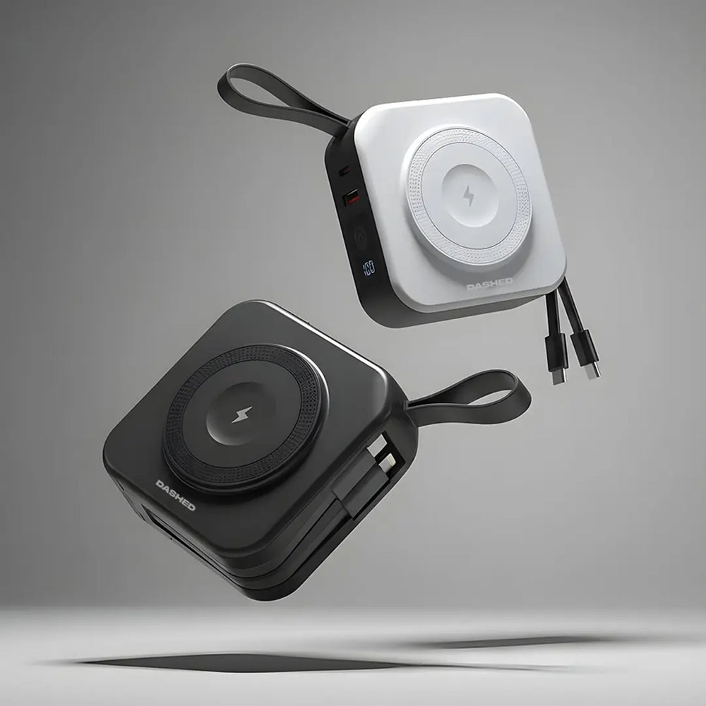 black and white travel charger, showing built in cords and wireless charging pad. 