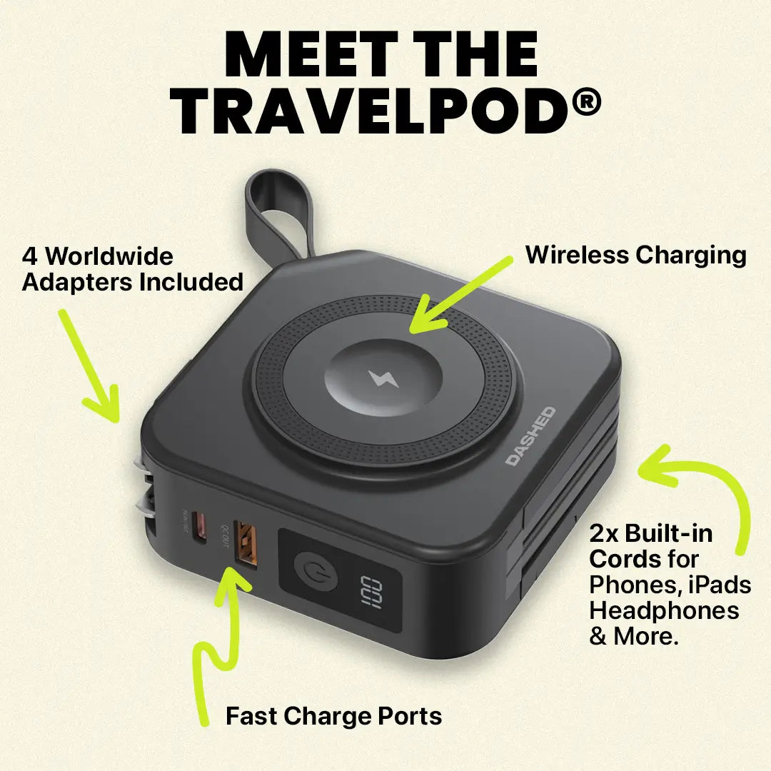 Dashed 5-in-1 Travel Charger with features highlighted on a beige background